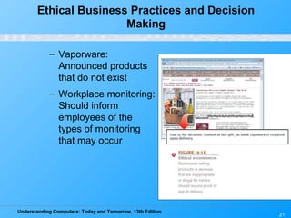 Understanding Computers: Today and Tomorrow, 13th Edition
21
Ethical Business Practices and Decision
Making
– Vaporware:
Announced products
that do not exist
– Workplace monitoring:
Should inform
employees of the
types of monitoring
that may occur
 