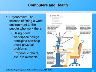 Understanding Computers: Today and Tomorrow, 13th Edition
25
Computers and Health
• Ergonomics: The
science of fitting a work
environment to the
people who work there
– Using good
workspace design
principles can help
avoid physical
problems
– Ergonomic chairs,
etc. are available
 