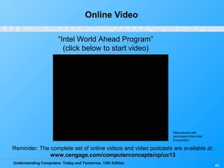 Understanding Computers: Today and Tomorrow, 13th Edition
40
Online Video
“Intel World Ahead Program”
(click below to start video)
Reminder: The complete set of online videos and video podcasts are available at:
www.cengage.com/computerconcepts/np/uc13
Reproduced with
permission from Intel
Corporation
 