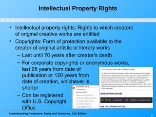 Understanding Computers: Today and Tomorrow, 13th Edition
5
Intellectual Property Rights
• Intellectual property rights: Rights to which creators
of original creative works are entitled
• Copyrights: Form of protection available to the
creator of original artistic or literary works
– Last until 70 years after creator’s death
– For corporate copyrights or anonymous works,
last 95 years from date of
publication or 120 years from
date of creation, whichever is
shorter
– Can be registered
with U.S. Copyright
Office
 