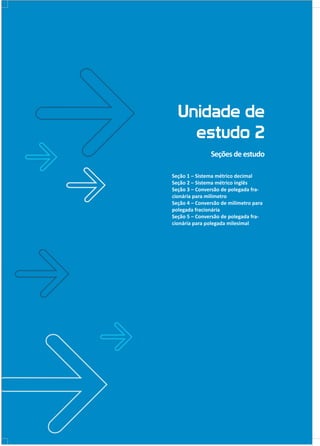 Unidade de
estudo 2
Seçõesdeestudo
Seção 1 – Sistema métrico decimal
Seção 2 – Sistema métrico inglês
Seção 3 – Conversão de polegada fra-
cionária para milímetro
Seção 4 – Conversão de milímetro para
polegada fracionária
Seção 5 – Conversão de polegada fra-
cionária para polegada milesimal
 