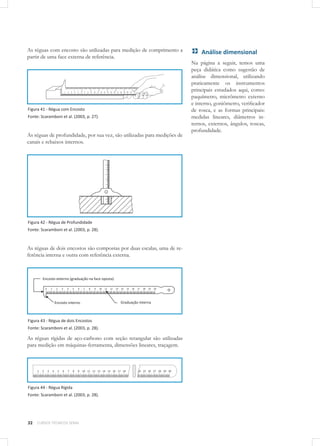 32 CURSOS TÉCNICOS SENAI
As réguas com encosto são utilizadas para medição de comprimento a
partir de uma face externa de referência.
Figura 41 - Régua com Encosto
Fonte: Scaramboni et al. (2003, p. 27).
As réguas de profundidade, por sua vez, são utilizadas para medições de
canais e rebaixos internos.
Figura 42 - Régua de Profundidade
Fonte: Scaramboni et al. (2003, p. 28).
As réguas de dois encostos são compostas por duas escalas, uma de re-
ferência interna e outra com referência externa.
Figura 43 - Régua de dois Encostos
Fonte: Scaramboni et al. (2003, p. 28).
As réguas rígidas de aço-carbono com seção retangular são utilizadas
para medição em máquinas-ferramenta, dimensões lineares, traçagem.
Figura 44 - Régua Rígida
Fonte: Scaramboni et al. (2003, p. 28).
Análise dimensional
Na página a seguir, temos uma
peça didática como sugestão de
análise dimensional, utilizando
praticamente os instrumentos
principais estudados aqui, como:
paquímetro, micrômetro externo
e interno, goniômetro, verificador
de rosca, e as formas principais:
medidas lineares, diâmetros in-
ternos, externos, ângulos, roscas,
profundidade.
 