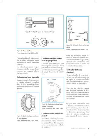 35METROLOGIA DIMENSIONAL
Figura 48 - Passa não Passa
Fonte: Scaramboni et al. (2003, p. 96).
Para melhor identificação e visua-
lização, o lado “não passa” possui
uma marcação em cor vermelha e
chanfros.
Os calibradores devem propor-
cionar um trabalho leve, podendo
entrar no furo ou passar sobre o
eixo sem pressão.
Calibrador de boca separada
Quando se trata de dimensões mui-
to grandes, utilizamos os calibra-
dores de boca separada, podendo
atingir dimensões entre 100 mm e
500 mm.
Figura 49 - Calibrador Passa não Passa
de Boca Separada
Fonte: Scaramboni et al. (2003, p. 97).
Figura 51 - Calibrador Chato ou Contato
Parcial
Fonte: Scaramboni et al. (2003, p. 97).
Onde for necessário atingir di-
mensões acima de 260 mm, utili-
zamos o calibrador do tipo vareta,
que tem como característica uma
haste metálica com as pontas em
forma de calota esférica.
Calibrador de bocas
ajustáveis
O tipo calibrador de boca ajustá-
vel tem sua aplicação na indústria
de média e pequena produção
pelo fato da redução nos investi-
mentos iniciais na sua compra.
Este tipo de calibrador possui
dois ou quatro parafusos de fixa-
ção e pinos de aço temperado e
retificado, tem o corpo confeccio-
nado em ferro fundido, em forma
de ferradura.
O ajuste pode ser realizado com
a dimensão máxima entre os dois
pinos anteriores, enquanto a di-
mensão mínima é ajustada entre
os dois pinos posteriores. Esse
ajuste é realizado normalmente
com o auxílio de blocos-padrão.
Calibrador de boca escalo-
nada ou progressiva
Utilizados para verificações com
maior rapidez, o eixo deve passar
pelo diâmetro máximo e não pas-
sar pelo diâmetro mínimo, poden-
do atingir dimensões de até 500
mm.
Figura 50 - Calibrador de Boca Escalo-
nada ou Progressiva
Fonte: Scaramboni et al. (2003, p. 97).
Calibrador chato ou contato
parcial
Aplicado na verificação de dimen-
sões internas, sendo construído
na faixa de 80 até 260 mm, tendo
como sua característica a redução
de seu peso.
 