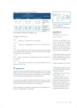 45METROLOGIA DIMENSIONAL
Tabela 4 - Simbologia de Indicação de Rugosidade Ra
Símbolo
SignificadoA remoção de material é
facultativa exigida não permitida
Ra máxima
deve ser 1,6
µm
Ra máximo
3,2 µm
E Ra mínimo
0,8 µm
Fonte: adaptado de Scaramboni et al. (2003, p. 151).
Indicações complementares:
indica que a superfície deve ser retificada;
indica que o comprimento do cut-off a ser usado deve ser 5
mm;
indica a direção das estrias resultantes do processo de usinagem.
Neste exemplo indica que as estrias devem ter direção paralela ao plano
de projeção da vista no desenho;
indica a quantidade de material deixada como sobremetal, no
caso 0,3 mm;
indica que outro parâmetro para medir rugosidade deve ser
utilizado, no caso o Ry.
Rugosímetro
Aparelho utilizado para medir rugosidade superficial. Existem rugosí-
metros que apenas fornecem a leitura da rugosidade de forma analógica
ou digital. Alguns permitem registrar o perfil impresso da rugosidade, e
outros ainda apresentam gráficos para análises posteriores.
É composto por apalpador, chamado também de pick-up, que tem a
função de deslizar sobre a superfície, levando sinais da agulha apalpado-
ra (geralmente fabricada de diamante) até o amplificador.
Além do apalpador, o rugosímetro também possui uma unidade de acio-
namento, o amplificador e o registrador.
Figura 63 - Esquema de Funcionamen-
to de um Rugosímetro
Fonte: Scaramboni et al. (2003, p. 155).
SEÇÃO 5
Tolerânciaseajustes
dimensionais
O sistema de tolerância e ajus-
tes fixa o conjunto de princípios,
regras e tabelas que se aplicam
à tecnologia mecânica, a fim de
permitir a escolha racional de to-
lerâncias e ajustes, visando à fabri-
cação de peças intercambiáveis.
Os principais conceitos que você
precisa compreender sobre siste-
mas de tolerância estão apresenta-
dos a seguir, acompanhe.
Campo de aplicação até 3.150 mm
▪▪ Dimensão nominal – dimen-
são a partir da qual são derivadas
as dimensões limites.
▪▪ Furo base – furo cujo afasta-
mento inferior é zero.
▪▪ Linha zero (Lz) – nos de-
senhos de peças em que se faz
necessária a indicação dos limites
permissíveis para a dimensão
efetiva, indica se linha a zero, que
é uma linha tracejada, colocada
exatamente na posição corres-
pondente à dimensão nominal.
 
