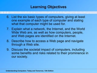 Understanding Computers: Today and Tomorrow, 13th Edition
Learning Objectives
6. List the six basic types of computers, gi...