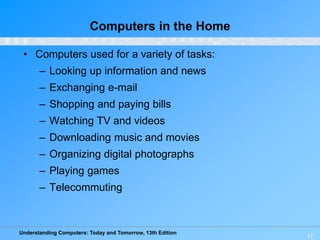 Understanding Computers: Today and Tomorrow, 13th Edition
17
Computers in the Home
• Computers used for a variety of tasks...