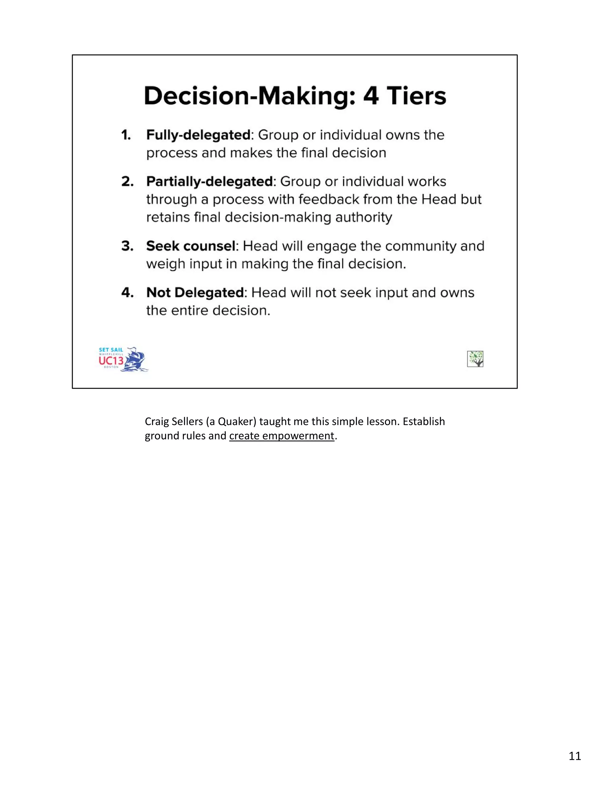 Craig Sellers (a Quaker) taught me this simple lesson. Establish
ground rules and create empowerment.
11
 
