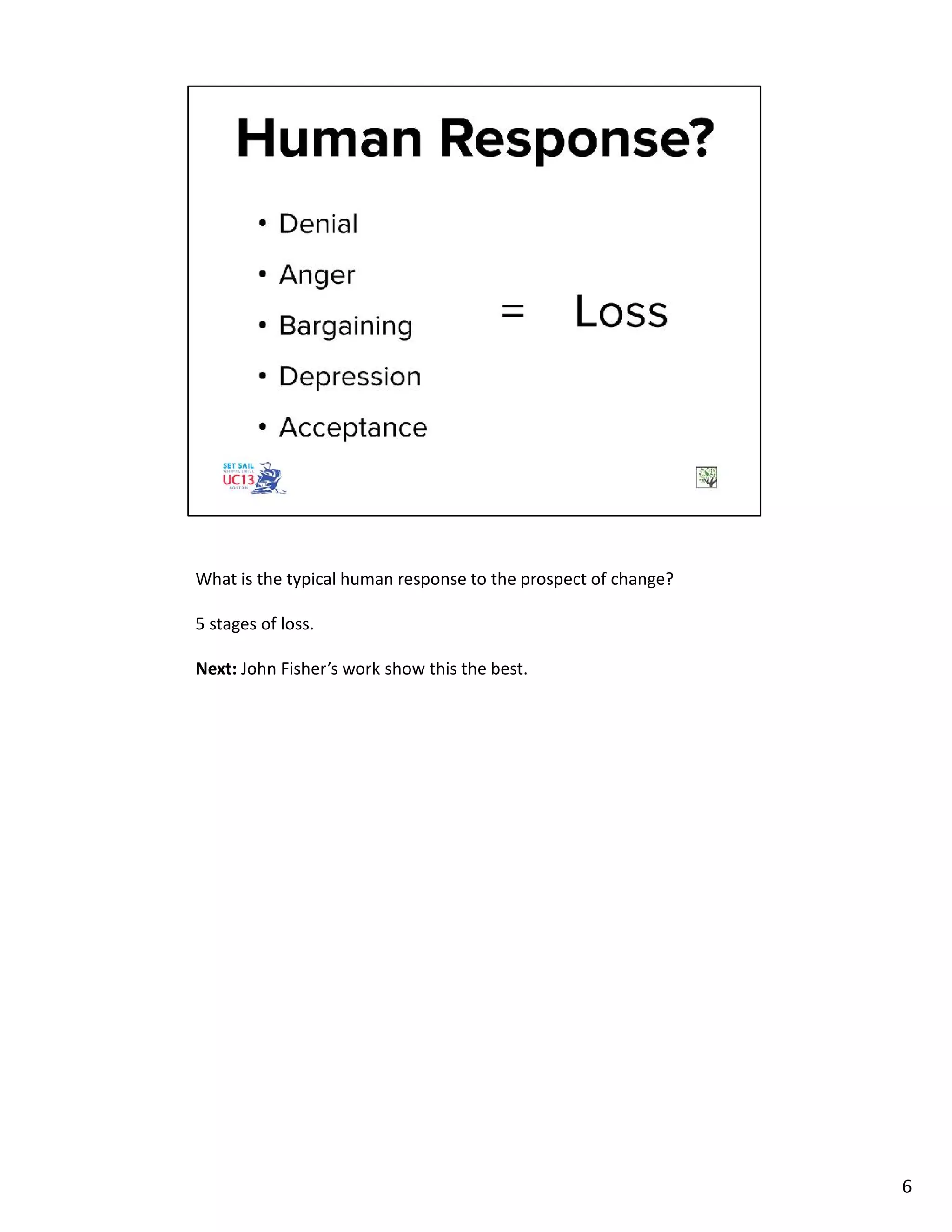 What is the typical human response to the prospect of change?
5 stages of loss.
Next: John Fisher’s work show this the best.
6
 