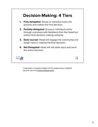 Craig Sellers (a Quaker) taught me this simple lesson. Establish
ground rules and create empowerment.
11
 