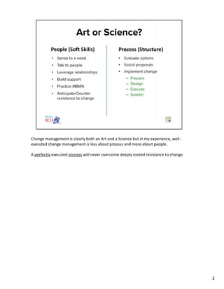 Change management is clearly both an Art and a Science but in my experience, well-
executed change management is less about process and more about people.
A perfectly executed process will never overcome deeply rooted resistance to change.
2
 
