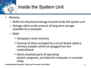 Inside the System Unit
• Memory
– Refers to chip-based storage located inside the system unit
– Storage refers to the amount of long-term storage
available to a computer
– RAM
• Computer’s main memory
• Consists of chips arranged on a circuit board called a
memory module which are plugged into the
motherboard
• Stores essential parts of operating
system, programs, and data the computer is currently
using
Understanding Computers: Today and Tomorrow, 14th Edition

28

 