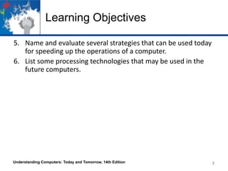 Learning Objectives
5. Name and evaluate several strategies that can be used today
for speeding up the operations of a computer.
6. List some processing technologies that may be used in the
future computers.

Understanding Computers: Today and Tomorrow, 14th Edition

3

 
