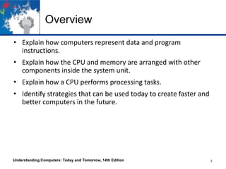 Overview
• Explain how computers represent data and program
instructions.
• Explain how the CPU and memory are arranged with other
components inside the system unit.
• Explain how a CPU performs processing tasks.
• Identify strategies that can be used today to create faster and
better computers in the future.

Understanding Computers: Today and Tomorrow, 14th Edition

4
4

 
