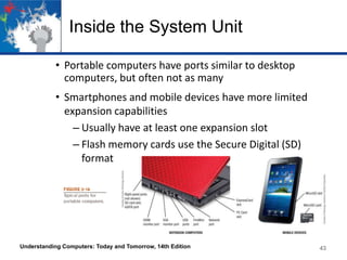 Inside the System Unit
• Portable computers have ports similar to desktop
computers, but often not as many
• Smartphones and mobile devices have more limited
expansion capabilities
– Usually have at least one expansion slot
– Flash memory cards use the Secure Digital (SD)
format

Understanding Computers: Today and Tomorrow, 14th Edition

43

 