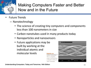Making Computers Faster and Better
Now and in the Future
• Future Trends
– Nanotechnology
• The science of creating tiny computers and components
less than 100 nanometers in size
• Carbon nanotubes used in many products today
• Nanoparticles and nanosensors
• Future applications may be
built by working at the
individual atomic and
molecular levels

Understanding Computers: Today and Tomorrow, 14th Edition

55

 