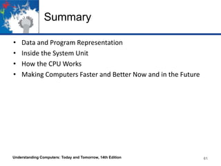 Summary
•
•
•
•

Data and Program Representation
Inside the System Unit
How the CPU Works
Making Computers Faster and Better Now and in the Future

Understanding Computers: Today and Tomorrow, 14th Edition

61

 