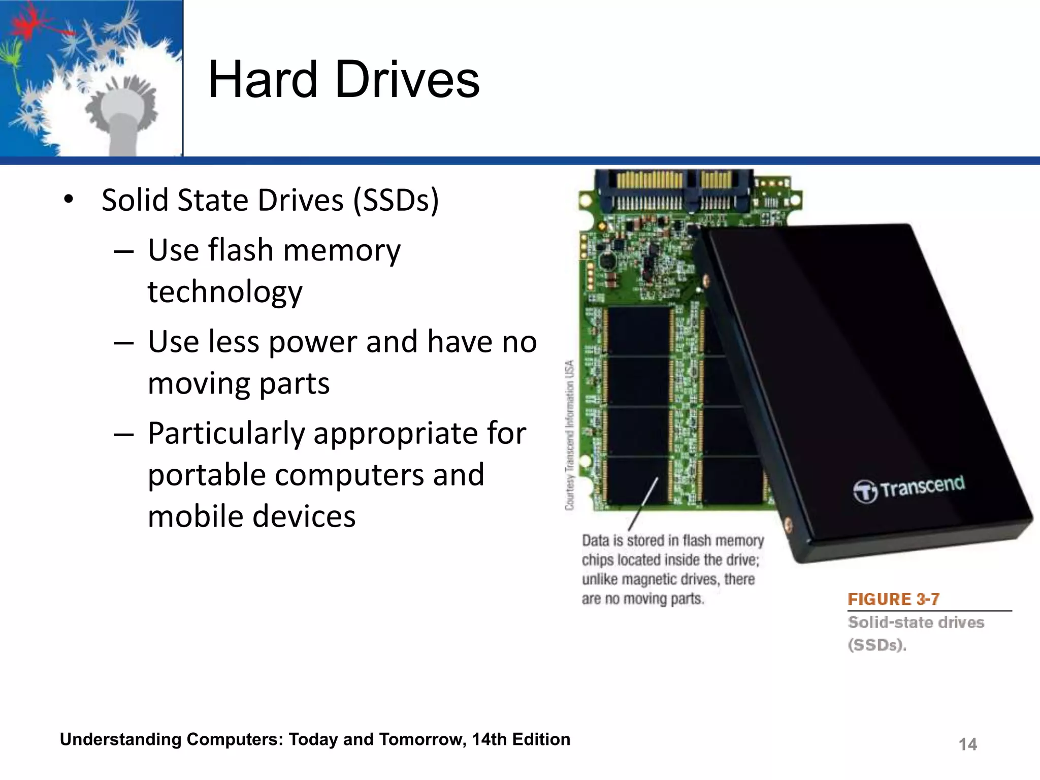 Hard Drives
• Solid State Drives (SSDs)
– Use flash memory
technology
– Use less power and have no
moving parts
– Particularly appropriate for
portable computers and
mobile devices

Understanding Computers: Today and Tomorrow, 14th Edition

14

 