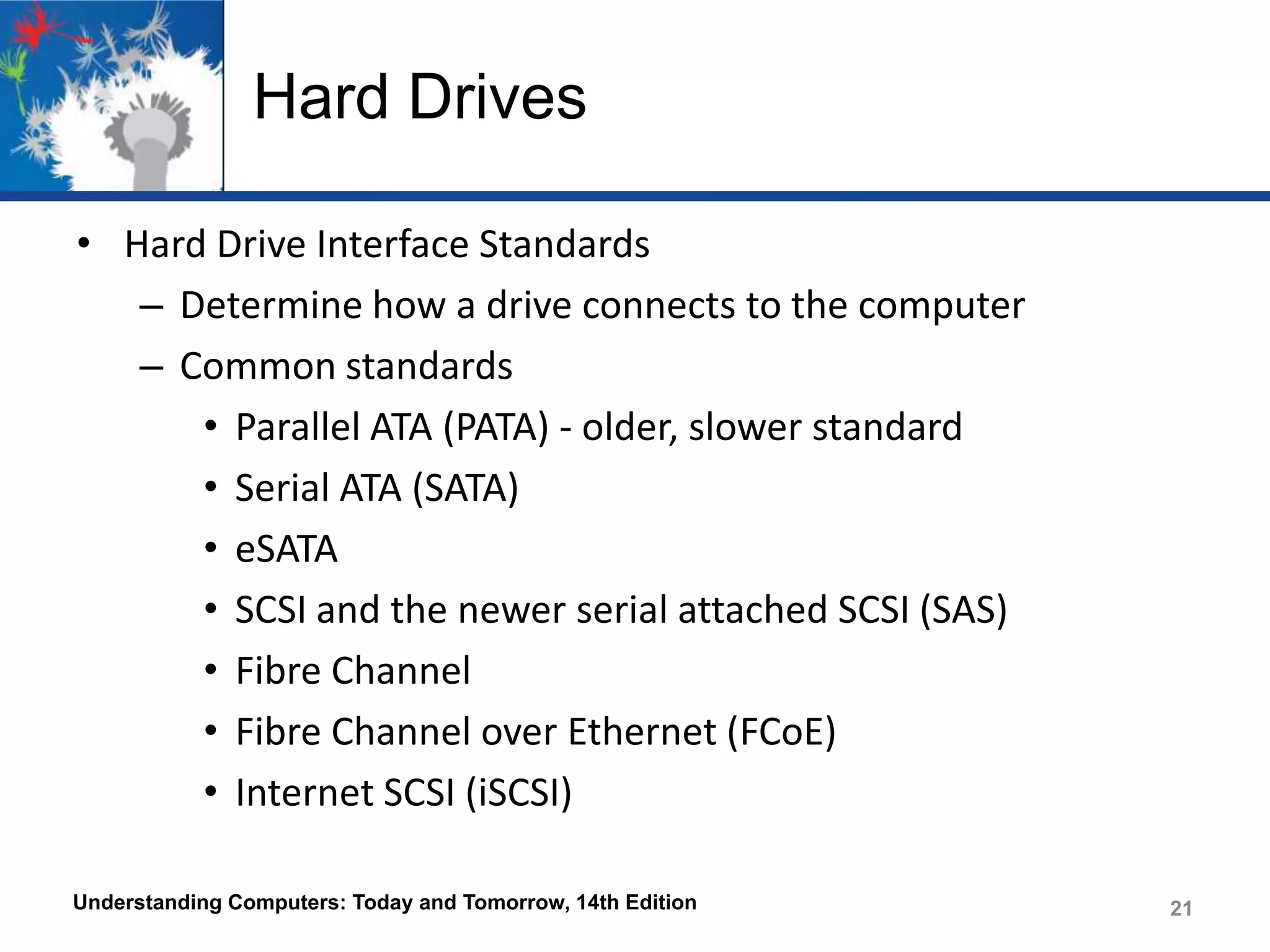 Hard Drives
• Hard Drive Interface Standards
– Determine how a drive connects to the computer
– Common standards
• Parallel ATA (PATA) - older, slower standard
• Serial ATA (SATA)
• eSATA
• SCSI and the newer serial attached SCSI (SAS)
• Fibre Channel
• Fibre Channel over Ethernet (FCoE)
• Internet SCSI (iSCSI)
Understanding Computers: Today and Tomorrow, 14th Edition

21

 