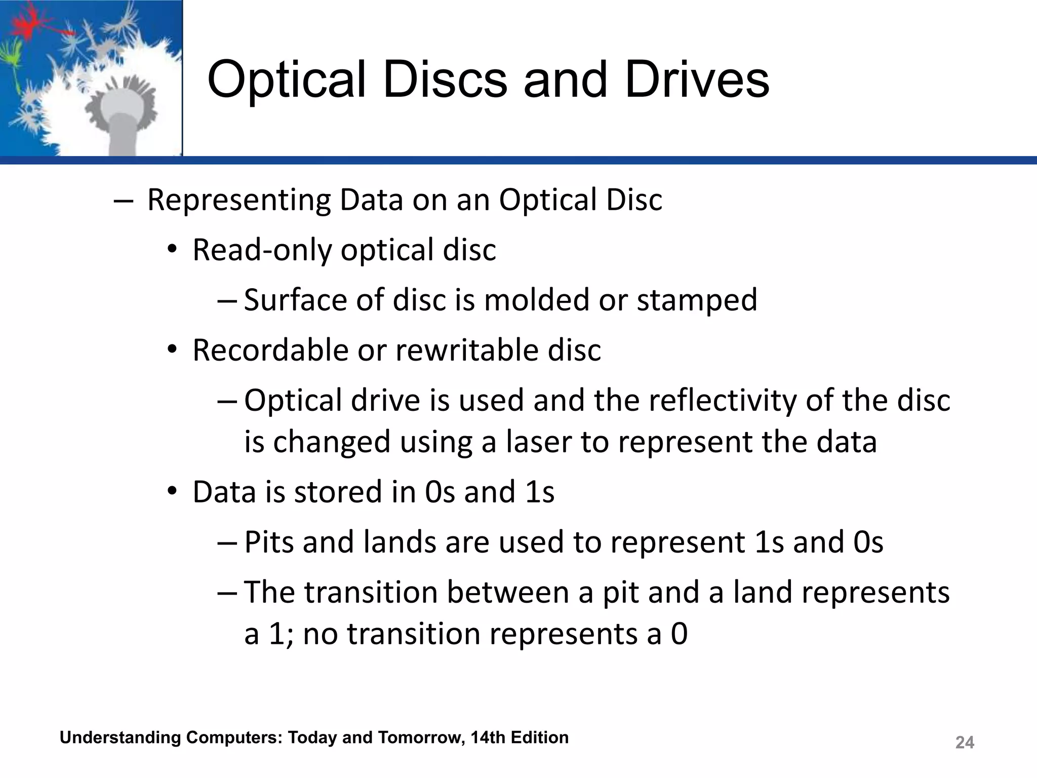 Optical Discs and Drives
– Representing Data on an Optical Disc
• Read-only optical disc
– Surface of disc is molded or stamped
• Recordable or rewritable disc
– Optical drive is used and the reflectivity of the disc
is changed using a laser to represent the data
• Data is stored in 0s and 1s
– Pits and lands are used to represent 1s and 0s
– The transition between a pit and a land represents
a 1; no transition represents a 0
Understanding Computers: Today and Tomorrow, 14th Edition

24

 