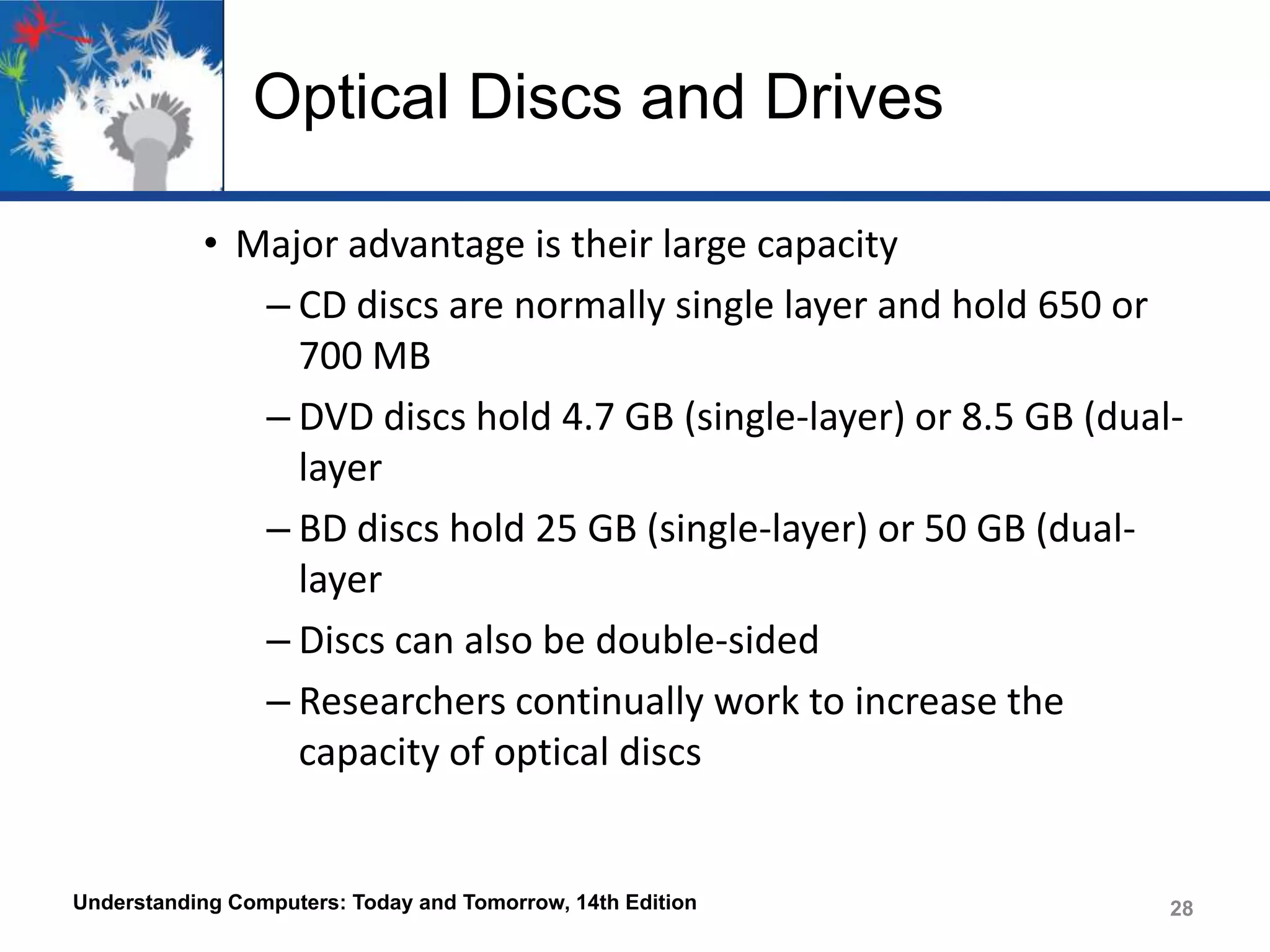 Optical Discs and Drives
• Major advantage is their large capacity
– CD discs are normally single layer and hold 650 or
700 MB
– DVD discs hold 4.7 GB (single-layer) or 8.5 GB (duallayer
– BD discs hold 25 GB (single-layer) or 50 GB (duallayer
– Discs can also be double-sided
– Researchers continually work to increase the
capacity of optical discs

Understanding Computers: Today and Tomorrow, 14th Edition

28

 