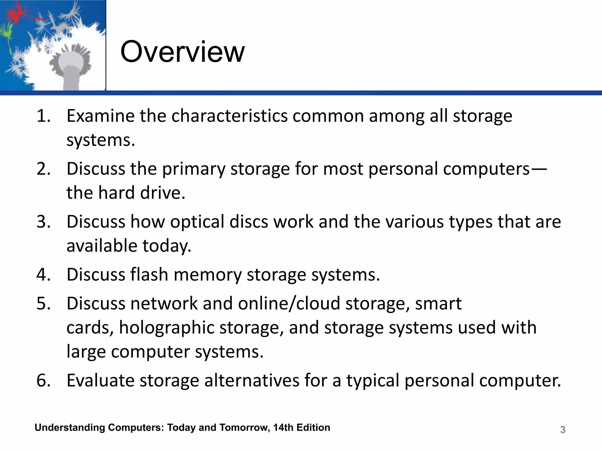 Overview
1. Examine the characteristics common among all storage
systems.
2. Discuss the primary storage for most personal computers—
the hard drive.
3. Discuss how optical discs work and the various types that are
available today.
4. Discuss flash memory storage systems.
5. Discuss network and online/cloud storage, smart
cards, holographic storage, and storage systems used with
large computer systems.
6. Evaluate storage alternatives for a typical personal computer.
Understanding Computers: Today and Tomorrow, 14th Edition

3
3

 