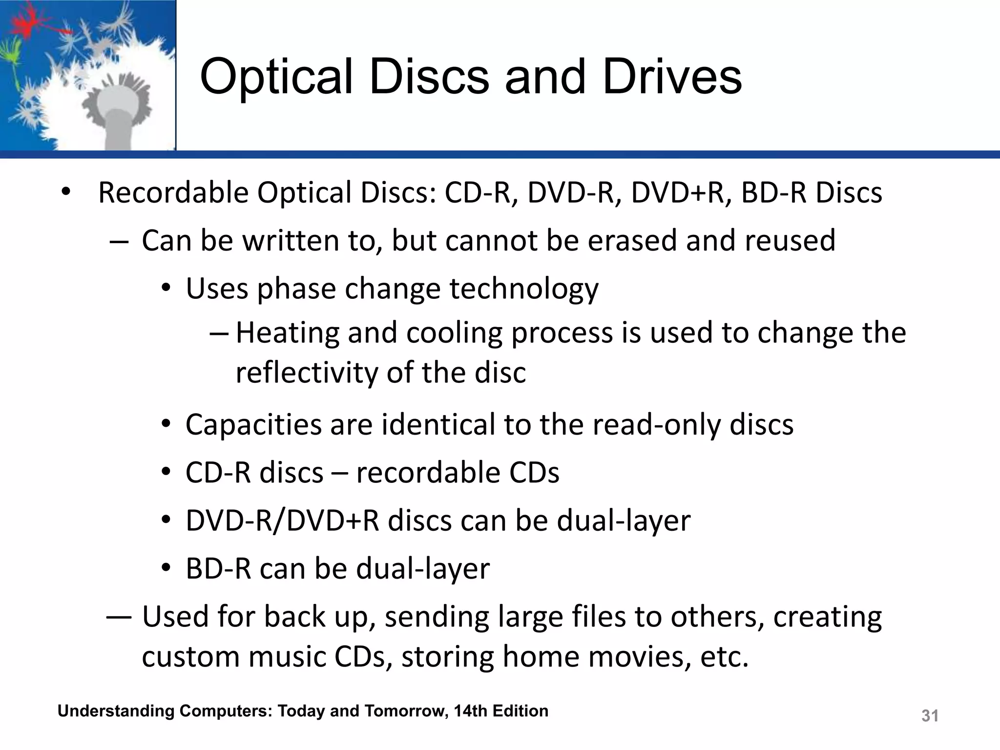 Optical Discs and Drives
• Recordable Optical Discs: CD-R, DVD-R, DVD+R, BD-R Discs
– Can be written to, but cannot be erased and reused
• Uses phase change technology
– Heating and cooling process is used to change the
reflectivity of the disc
• Capacities are identical to the read-only discs
• CD-R discs – recordable CDs
• DVD-R/DVD+R discs can be dual-layer
• BD-R can be dual-layer
― Used for back up, sending large files to others, creating
custom music CDs, storing home movies, etc.
Understanding Computers: Today and Tomorrow, 14th Edition

31

 