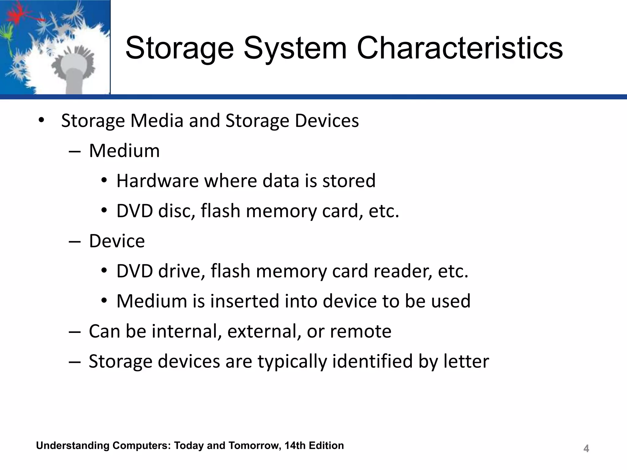 Storage System Characteristics
• Storage Media and Storage Devices
– Medium
• Hardware where data is stored
• DVD disc, flash memory card, etc.
– Device
• DVD drive, flash memory card reader, etc.
• Medium is inserted into device to be used
– Can be internal, external, or remote
– Storage devices are typically identified by letter

Understanding Computers: Today and Tomorrow, 14th Edition

4

 