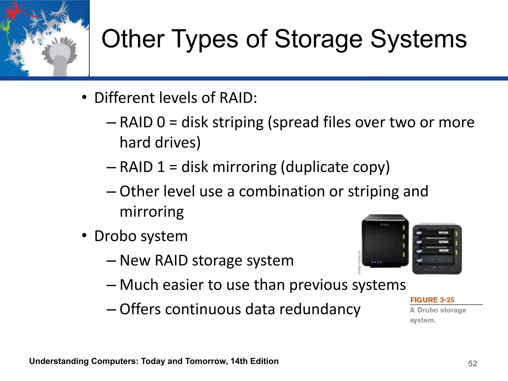 Other Types of Storage Systems
• Different levels of RAID:
– RAID 0 = disk striping (spread files over two or more
hard drives)
– RAID 1 = disk mirroring (duplicate copy)
– Other level use a combination or striping and
mirroring
• Drobo system
– New RAID storage system
– Much easier to use than previous systems
– Offers continuous data redundancy
Understanding Computers: Today and Tomorrow, 14th Edition

52

 