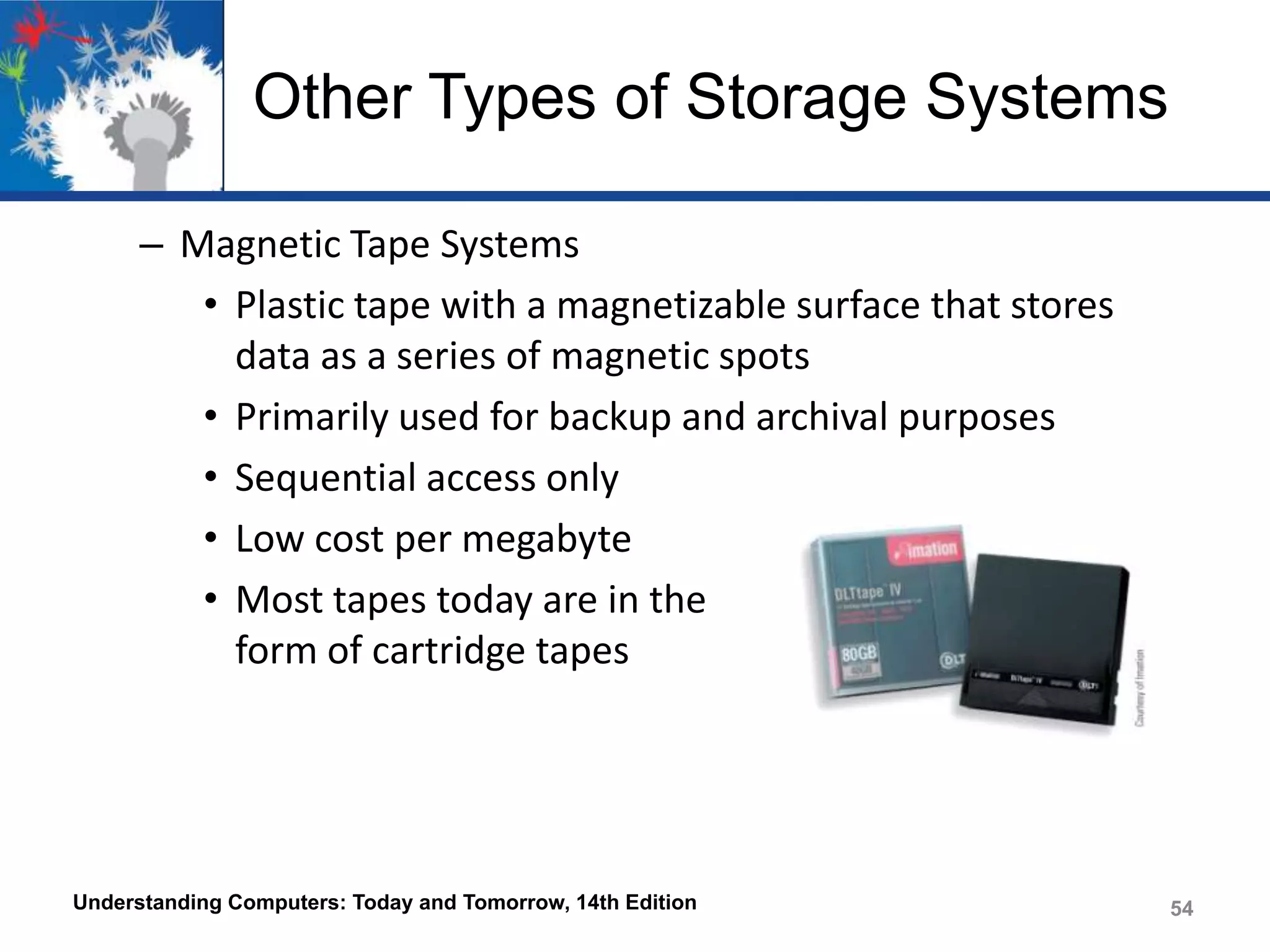 Other Types of Storage Systems
– Magnetic Tape Systems
• Plastic tape with a magnetizable surface that stores
data as a series of magnetic spots
• Primarily used for backup and archival purposes
• Sequential access only
• Low cost per megabyte
• Most tapes today are in the
form of cartridge tapes

Understanding Computers: Today and Tomorrow, 14th Edition

54

 