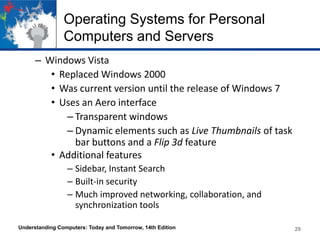 Operating Systems for Personal
Computers and Servers
– Windows Vista
• Replaced Windows 2000
• Was current version until the release of Windows 7
• Uses an Aero interface
– Transparent windows
– Dynamic elements such as Live Thumbnails of task
bar buttons and a Flip 3d feature
• Additional features
– Sidebar, Instant Search
– Built-in security
– Much improved networking, collaboration, and
synchronization tools
Understanding Computers: Today and Tomorrow, 14th Edition

29

 