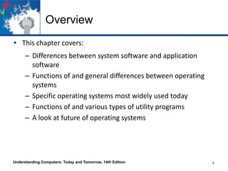 Overview
• This chapter covers:
– Differences between system software and application
software
– Functions of and general differences between operating
systems
– Specific operating systems most widely used today
– Functions of and various types of utility programs
– A look at future of operating systems

Understanding Computers: Today and Tomorrow, 14th Edition

4
4

 