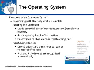 The Operating System
• Functions of an Operating System
– Interfacing with Users (typically via a GUI)
– Booting the Computer
• Loads essential part of operating system (kernel) into
memory
• Reads opening batch of instructions
• Determines hardware connected to computer
– Configuring Devices
• Device drivers are often needed; can be
reinstalled if needed
• Plug and Play devices are recognized
automatically

Understanding Computers: Today and Tomorrow, 14th Edition

7

 