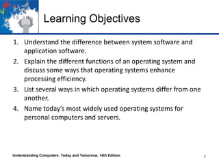 Learning Objectives
1. Understand the difference between system software and
application software.
2. Explain the different functions of an operating system and
discuss some ways that operating systems enhance
processing efficiency.
3. List several ways in which operating systems differ from one
another.
4. Name today’s most widely used operating systems for
personal computers and servers.

Understanding Computers: Today and Tomorrow, 14th Edition

2
2

 