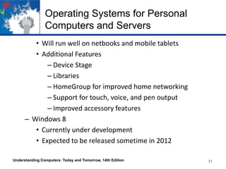 Operating Systems for Personal
Computers and Servers
• Will run well on netbooks and mobile tablets
• Additional Features
– Device Stage
– Libraries
– HomeGroup for improved home networking
– Support for touch, voice, and pen output
– Improved accessory features
– Windows 8
• Currently under development
• Expected to be released sometime in 2012
Understanding Computers: Today and Tomorrow, 14th Edition

31

 