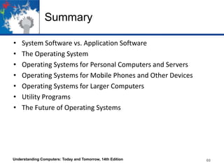Summary
•
•
•
•
•
•
•

System Software vs. Application Software
The Operating System
Operating Systems for Personal Computers and Servers
Operating Systems for Mobile Phones and Other Devices
Operating Systems for Larger Computers
Utility Programs
The Future of Operating Systems

Understanding Computers: Today and Tomorrow, 14th Edition

60

 