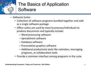 The Basics of Application
Software
– Software Suites
• Collection of software programs bundled together and sold
as a single software package
• Office suites are used by most businesses/individuals to
produce documents and typically include:
– Word processing software
– Spreadsheet software
– Database software
– Presentation graphics software
– Additional productivity tools like calendars, messaging
programs, or collaboration tools
• Provide a common interface among programs in the suite
Understanding Computers: Today and Tomorrow, 14th Edition

13

 