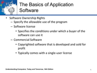 The Basics of Application
Software
• Software Ownership Rights
– Specify the allowable use of the program
– Software license
• Specifies the conditions under which a buyer of the
software can use it
– Commercial Software
• Copyrighted software that is developed and sold for
profit
• Typically comes with a single-user license

Understanding Computers: Today and Tomorrow, 14th Edition

5

 