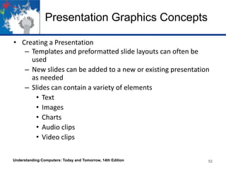 Presentation Graphics Concepts
• Creating a Presentation
– Templates and preformatted slide layouts can often be
used
– New slides can be added to a new or existing presentation
as needed
– Slides can contain a variety of elements
• Text
• Images
• Charts
• Audio clips
• Video clips
Understanding Computers: Today and Tomorrow, 14th Edition

52

 