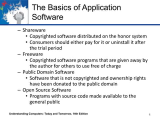 The Basics of Application
Software
– Shareware
• Copyrighted software distributed on the honor system
• Consumers should either pay for it or uninstall it after
the trial period
– Freeware
• Copyrighted software programs that are given away by
the author for others to use free of charge
– Public Domain Software
• Software that is not copyrighted and ownership rights
have been donated to the public domain
– Open Source Software
• Programs with source code made available to the
general public
Understanding Computers: Today and Tomorrow, 14th Edition

6

 