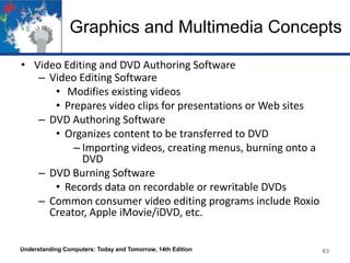 Graphics and Multimedia Concepts
• Video Editing and DVD Authoring Software
– Video Editing Software
• Modifies existing videos
• Prepares video clips for presentations or Web sites
– DVD Authoring Software
• Organizes content to be transferred to DVD
– Importing videos, creating menus, burning onto a
DVD
– DVD Burning Software
• Records data on recordable or rewritable DVDs
– Common consumer video editing programs include Roxio
Creator, Apple iMovie/iDVD, etc.
Understanding Computers: Today and Tomorrow, 14th Edition

63

 
