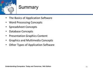 Summary
•
•
•
•
•
•
•

The Basics of Application Software
Word Processing Concepts
Spreadsheet Concepts
Database Concepts
Presentation Graphics Content
Graphics and Multimedia Concepts
Other Types of Application Software

Understanding Computers: Today and Tomorrow, 14th Edition

70

 