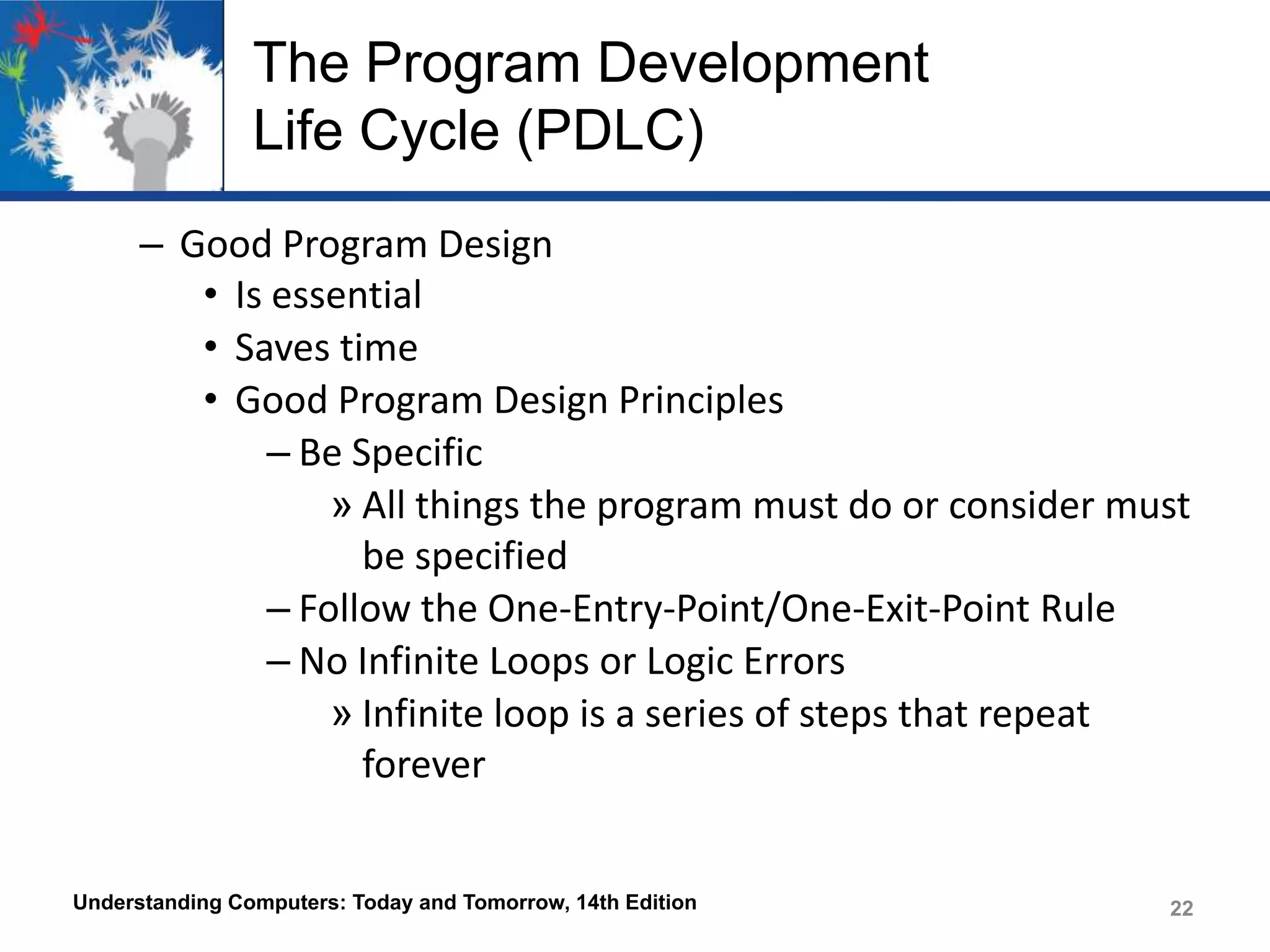 The Program Development
Life Cycle (PDLC)
– Good Program Design
• Is essential
• Saves time
• Good Program Design Principles
– Be Specific
» All things the program must do or consider must
be specified
– Follow the One-Entry-Point/One-Exit-Point Rule
– No Infinite Loops or Logic Errors
» Infinite loop is a series of steps that repeat
forever

Understanding Computers: Today and Tomorrow, 14th Edition

22

 
