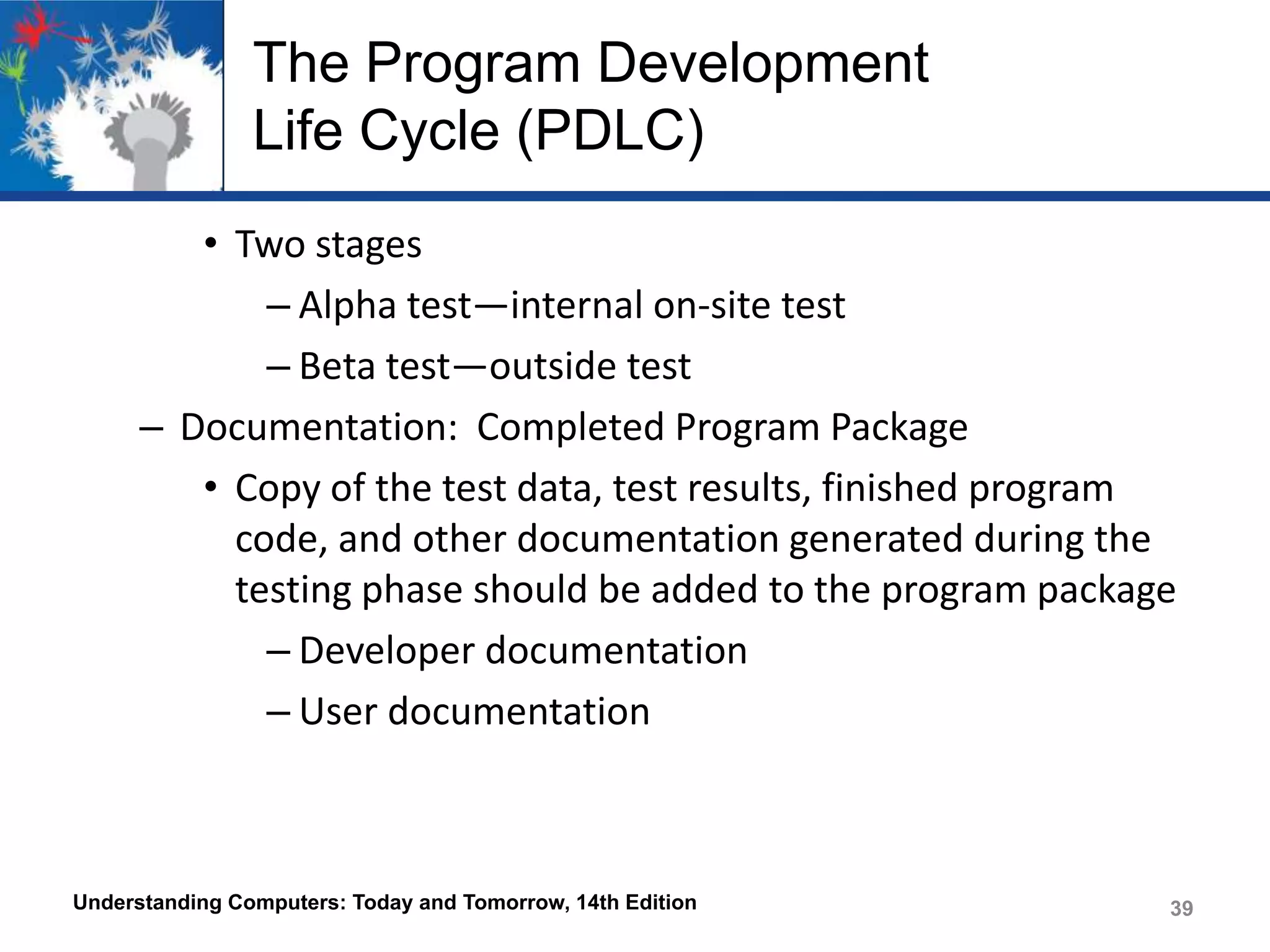 The Program Development
Life Cycle (PDLC)
• Two stages
– Alpha test—internal on-site test
– Beta test—outside test
– Documentation: Completed Program Package
• Copy of the test data, test results, finished program
code, and other documentation generated during the
testing phase should be added to the program package
– Developer documentation
– User documentation

Understanding Computers: Today and Tomorrow, 14th Edition

39

 