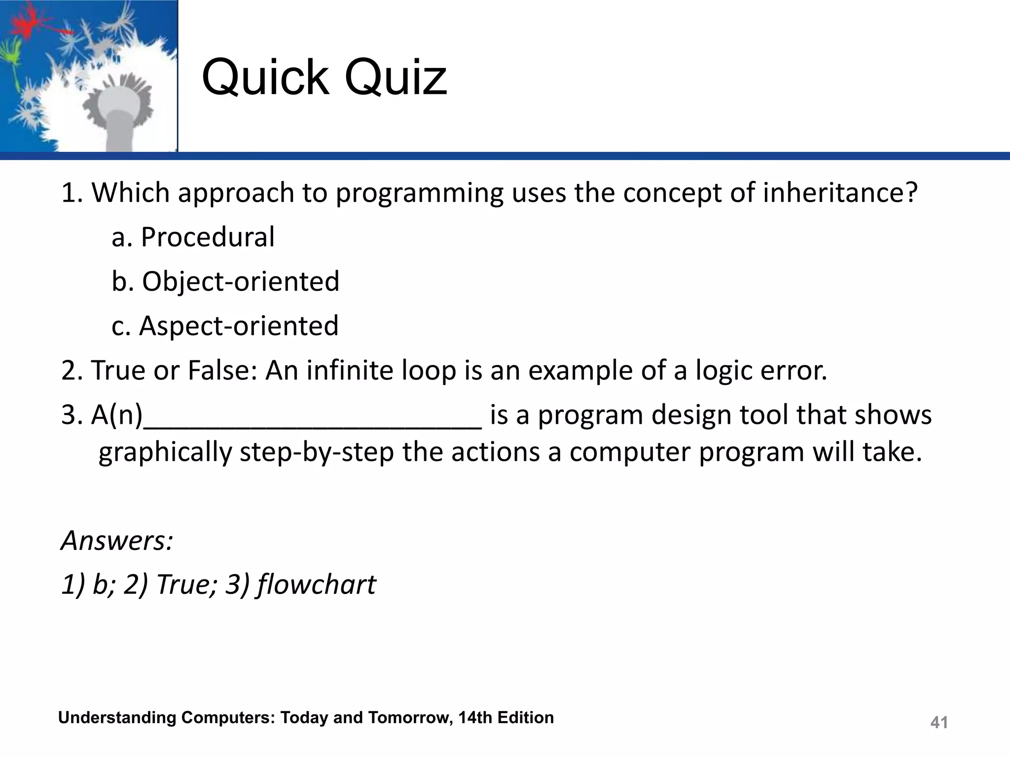 Quick Quiz
1. Which approach to programming uses the concept of inheritance?
a. Procedural
b. Object-oriented
c. Aspect-oriented
2. True or False: An infinite loop is an example of a logic error.
3. A(n)______________________ is a program design tool that shows
graphically step-by-step the actions a computer program will take.

Answers:
1) b; 2) True; 3) flowchart

Understanding Computers: Today and Tomorrow, 14th Edition

41

 