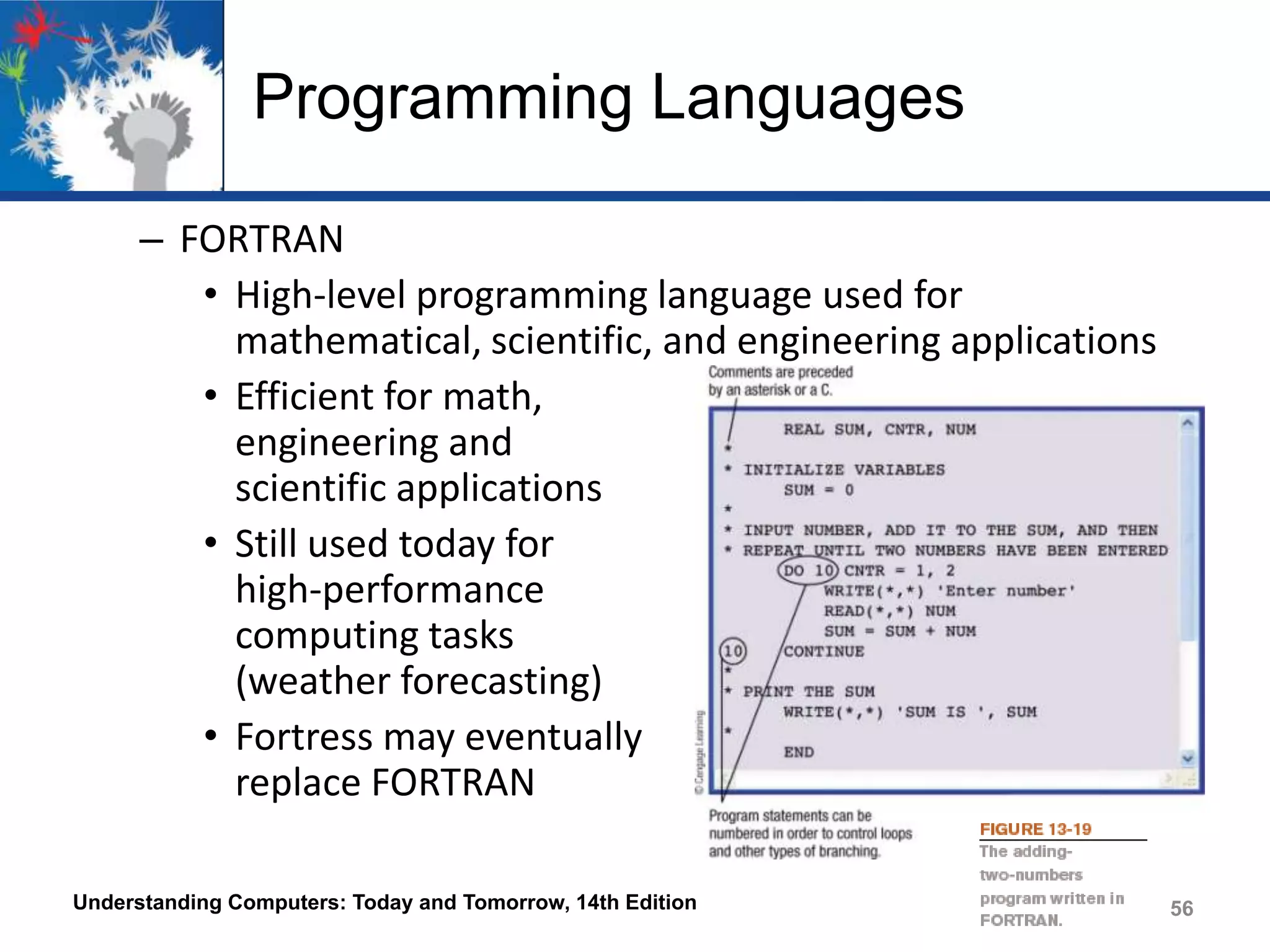 Programming Languages
– FORTRAN
• High-level programming language used for
mathematical, scientific, and engineering applications
• Efficient for math,
engineering and
scientific applications
• Still used today for
high-performance
computing tasks
(weather forecasting)
• Fortress may eventually
replace FORTRAN
Understanding Computers: Today and Tomorrow, 14th Edition

56

 