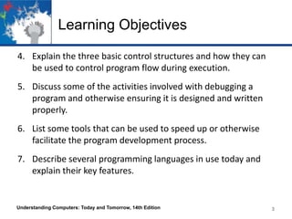 Learning Objectives
4. Explain the three basic control structures and how they can
be used to control program flow during execution.
5. Discuss some of the activities involved with debugging a
program and otherwise ensuring it is designed and written
properly.
6. List some tools that can be used to speed up or otherwise
facilitate the program development process.
7. Describe several programming languages in use today and
explain their key features.

Understanding Computers: Today and Tomorrow, 14th Edition

3

 