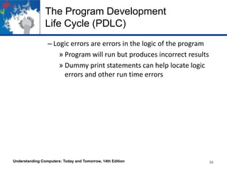 The Program Development
Life Cycle (PDLC)
– Logic errors are errors in the logic of the program
» Program will run but produces incorrect results
» Dummy print statements can help locate logic
errors and other run time errors

Understanding Computers: Today and Tomorrow, 14th Edition

36

 