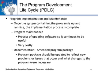 The Program Development
Life Cycle (PDLC)
• Program Implementation and Maintenance
– Once the system containing the program is up and
running, the implementation process is complete
– Program maintenance
• Process of updating software so it continues to be
useful
• Very costly
– Documentation: Amended program package
• Program package should be updated to reflect new
problems or issues that occur and what changes to the
program were necessary
Understanding Computers: Today and Tomorrow, 14th Edition

40

 