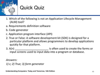 Quick Quiz
1. Which of the following is not an Application Lifecycle Management
(ALM) tool?
a. Requirements definition software
b. Code generator
c. Application program interface (API)
2. True or False: A software development kit (SDK) is designed for a
particular platform and allows programmers to develop applications
quickly for that platform.
3. A(n) ______________________ is often used to create the forms or
input screens used to input data into a program or database.
Answers:
1) c; 2) True; 3) form generator
Understanding Computers: Today and Tomorrow, 14th Edition

49

 