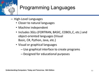 Programming Languages
– High-Level Languages
• Closer to natural languages
• Machine independent
• Includes 3GLs (FORTRAN, BASIC, COBOL,C, etc.) and
object-oriented languages (Visual
Basic, C#, Python, Java, etc.)
• Visual or graphical languages
– Use graphical interface to create programs
– Designed for educational purposes

Understanding Computers: Today and Tomorrow, 14th Edition

53

 